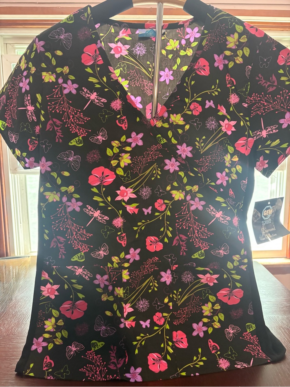 Gem Scrubs Black Floral Top with Pink & Lime Accents